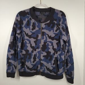 BAREFOOT DREAMS CozyChic Blue Camo Zip Bomber Cardigan Sweater Jacket Women Sz S